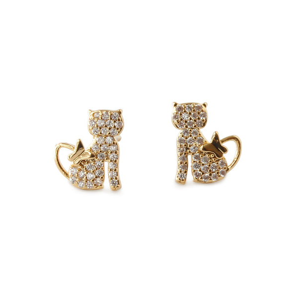 14K Gold Plated Stud AAA Zircon CZ Cute Cat Earrings